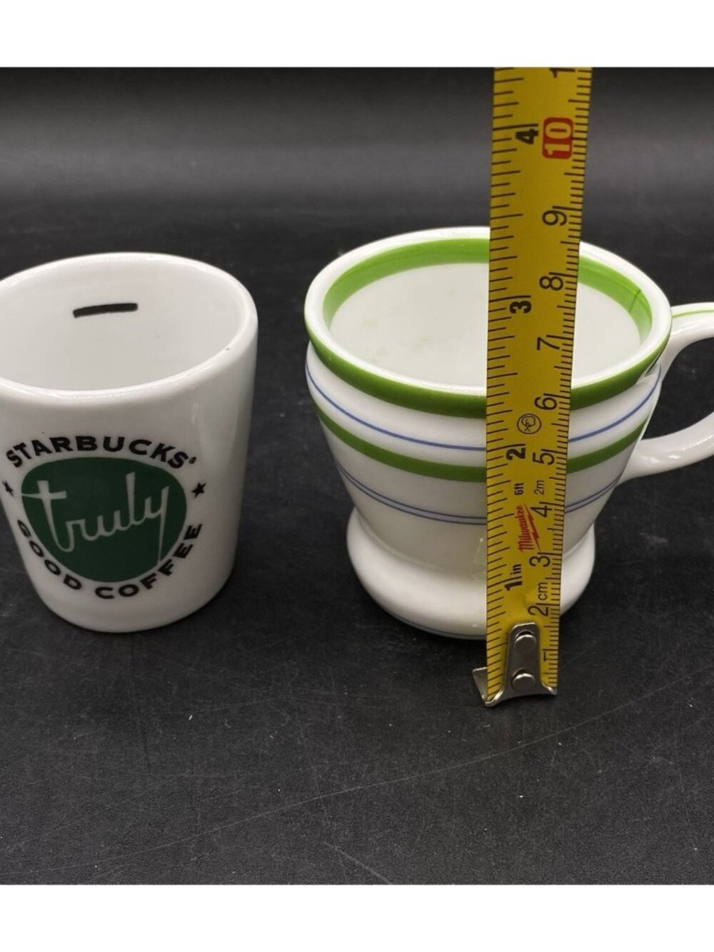 LOT 2 Starbucks Truly Good Coffee Espresso Cup Ceramic & Green Blue Stripes Cup - Picture 2 of 9